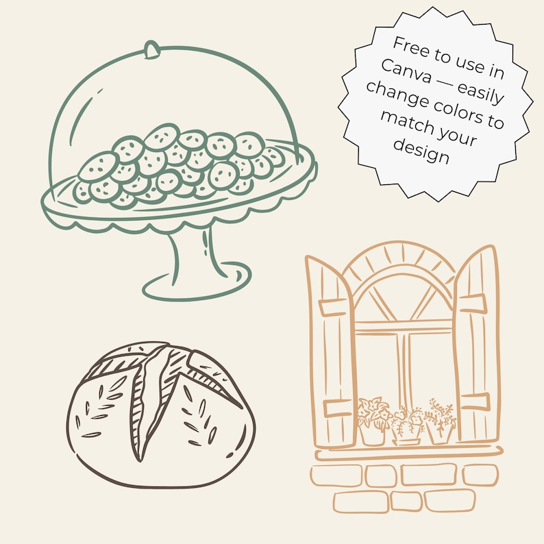 Hand-drawn cottagecore clipart set featuring vintage floral elements, cottage house, dress, basket, teapot, sun hat, jam jar, candles, gardening tools, bicycle, cozy home items, and cute animals in black line art style.