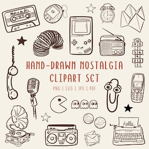 Hand Drawn Nostalgia Clipart Set | 80s 90s Vintage Doodle Icons |  PNG SVG | Commercial Use