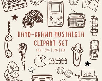 Hand Drawn Nostalgia Clipart Set | 80s 90s Vintage Doodle Icons |  PNG SVG | Commerical Use