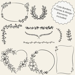 Transparent background set of 50 hand-drawn floral cliparts, featuring botanical line art flowers, leaves, stems, wildflowers, and bouquets.