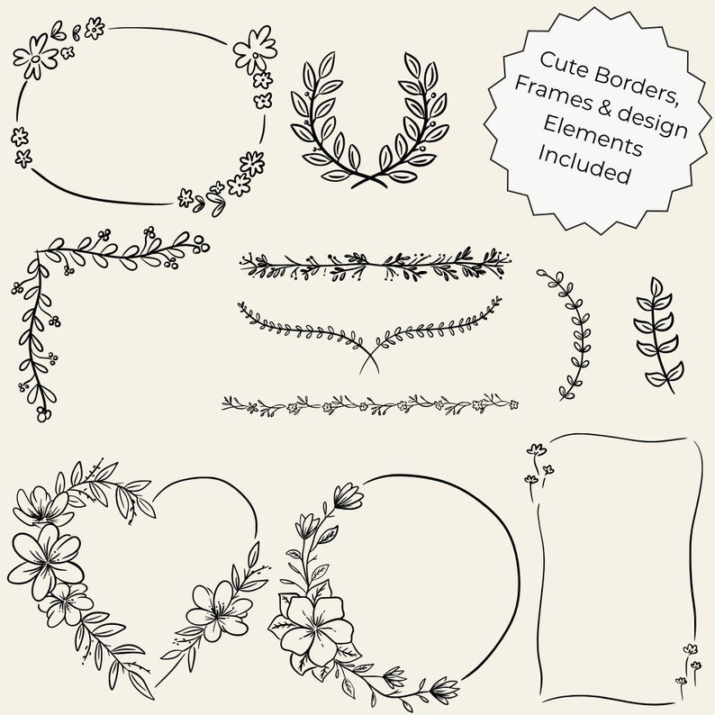 Transparent background set of 50 hand-drawn floral cliparts, featuring botanical line art flowers, leaves, stems, wildflowers, and bouquets.