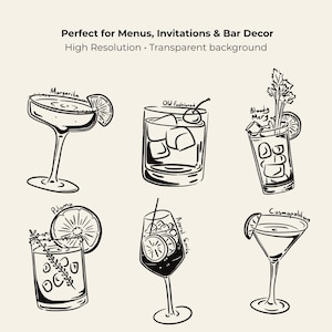 Hand-drawn cocktail clipart set featuring 15 classic drinks with detailed line art and handwritten names, perfect for bar menus, invitations, and wall art.