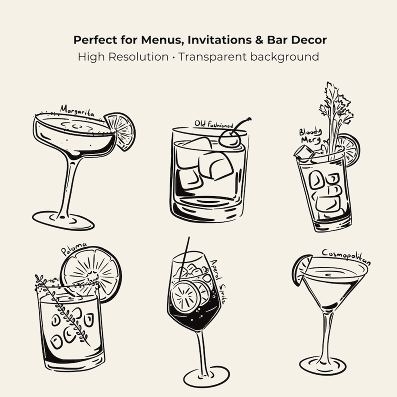 Hand-drawn cocktail clipart set featuring 15 classic drinks with detailed line art and handwritten names, perfect for bar menus, invitations, and wall art.