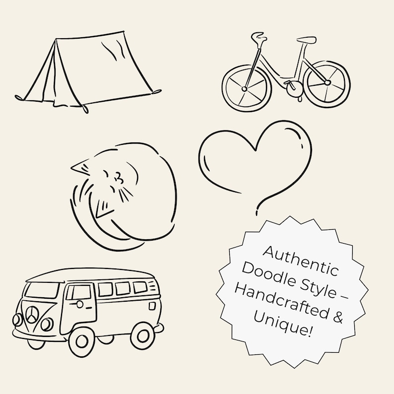 100 hand-drawn everyday life cliparts featuring cute doodle-style illustrations of daily objects like coffee, books, travel, food, plants, and cozy home items. Perfect for planners, stickers, and digital projects.