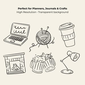 100 hand-drawn everyday life cliparts featuring cute doodle-style illustrations of daily objects like coffee, books, travel, food, plants, and cozy home items. Perfect for planners, stickers, and digital projects.