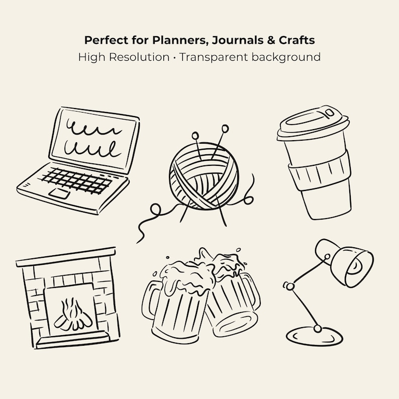 100 hand-drawn everyday life cliparts featuring cute doodle-style illustrations of daily objects like coffee, books, travel, food, plants, and cozy home items. Perfect for planners, stickers, and digital projects.