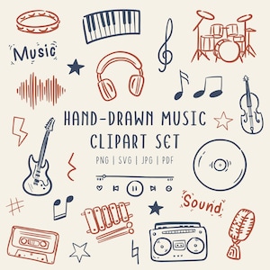 Hand Drawn Music Clipart Set | Musical Instruments Doodles | PNG SVG Commerical Use