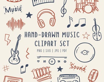 Handgetekende muziek clipartset | Muziekinstrumentenkrabbels | Commercieel gebruik van png-/svg