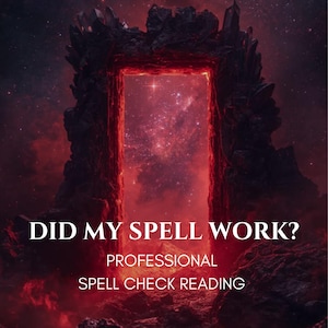 Könnte beinhalten: Ein rechteckiges Portal, eingerahmt von dunklen, zerklüfteten Felsformationen vor einem Hintergrund aus rotem und schwarzem Nebel. Der Text lautet: DID MY SPELL WORK? PROFESSIONAL SPELL CHECK READING. Rotes Licht strahlt aus der Mitte.