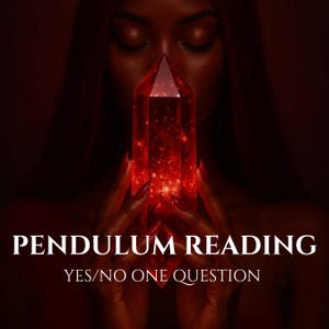 May include: A translucent, faceted red crystal point with internal glowing light effects. The text PENDULUM READING and YES/NO ONE QUESTION is printed in white in the foreground. The overall colour palette is dark red and deep maroon tones.