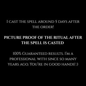 Puede incluir: Fondo negro con texto blanco. El texto dice: "&iexcl;Lanzo el hechizo unos 5 d&iacute;as despu&eacute;s del pedido! Prueba fotogr&aacute;fica del ritual despu&eacute;s de lanzar el hechizo. Resultados 100% garantizados."