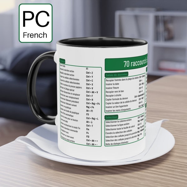 Tasse à café en céramique 70 raccourcis Excel pour PC en Français, idée cadeau pour collègue