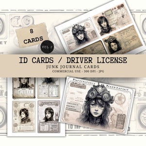 Vintage Driver License Cards Junk Journal 8 pieces Ephemera - Black and White Antique ID Cards -  Digital Scrapbook Download - Printable JPG