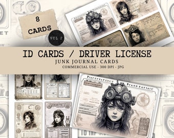 Cartes de permis de conduire vintage Junk Journal 8 pièces Ephemera - Cartes d'identité anciennes noir et blanc - Téléchargement numérique de scrapbooking - Imprimable JPG