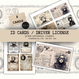 Vintage Driver License Cards Junk Journal 8 pieces Ephemera - Black and White Antique ID Cards -  Digital Scrapbook Download - Printable JPG