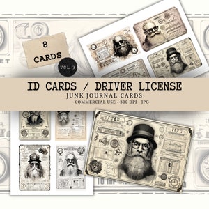 Vintage Driver License Cards Junk Journal 8 pieces Ephemera - Black and White Antique ID Cards -  Digital Scrapbook Download - Printable JPG