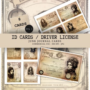 ヴィンテージ ID カード ジャンク ジャーナル 8 枚のカード エフェメラ - アンティーク パスポートと運転免許証 - デジタル スクラップブック ダウンロード - 印刷可能な JPG