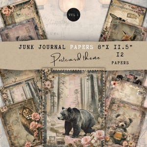 Thème carte postale Junk Journal, gris rose pâle avec ours, papillon, renard, etc. - Pages imprimables d'arrière-plan d'un album - JJ019 vol 1