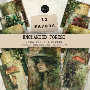 Animali e piante della foresta incantata Junk Journal carta stampabile Woodland Mystery Forest - 12 x fogli singoli per scrapbook - download digitale