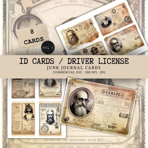 ヴィンテージ ID カード ジャンク ジャーナル 8 枚のカード エフェメラ - アンティーク パスポートと運転免許証 - デジタル スクラップブック ダウンロード - 印刷可能な JPG