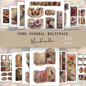 Kit Junk Journal Vintage Shabby Chick Mixed Media in rosa con fiori e uccelli. Carte Buste Etichette Folio Cards Ephemera Scarica JJ025