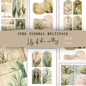 Kit de journal indésirable Muguet - 104 pièces fleurs papiers imprimables étiquettes cartes folio éphémères créations en papier - téléchargement numérique floral