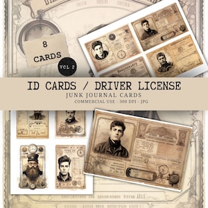Vintage Driver License Cards Junk Journal 8 pieces Ephemera - Antique ID Cards -  Digital Scrapbook Download - Printable JPG