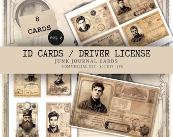 Cartes de permis de conduire vintage Junk Journal 8 pièces Ephémères - Cartes d'identité anciennes - Téléchargement numérique de scrapbooking - Imprimable JPG
