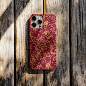Burgundy Gold Floral Phone Case | Flower Protection Cover Phone Accessory iPhone 14 15 16 Samsung Galaxy S22 S23 S24 S25 Google Pixel 8 9