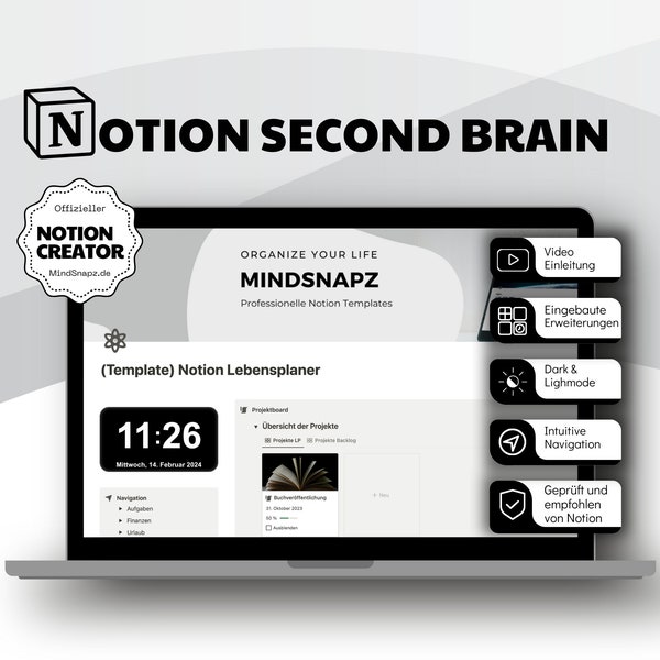 Notion Life Planner / Notion Second Brain allemand / Notion Organizer allemand / Notion Template allemand / All In One Notion Dashboard