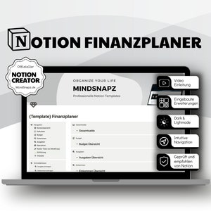 Könnte beinhalten: Ein Laptop-Bildschirm zeigt eine Notion-Vorlage für einen Finanzplaner. Die Vorlage enthält Abschnitte für Navigation, Budget, Ausgaben und Einnahmen. Die Vorlage soll Benutzern helfen, ihre Finanzen zu organisieren und ihre Ausgaben zu verfolgen.
