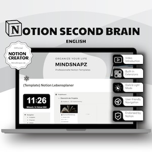 Op de afbeelding: Een laptopscherm met een Notion-sjabloon met de titel "NOTION SECOND BRAIN" in het Engels. Het scherm toont een digitale plannerinterface met de tekst "ORGANIZE YOUR LIFE MINDSNAPZ" en een klok die 11:26 aangeeft. Functies omvatten video-introductie en ingebouwde extensies.