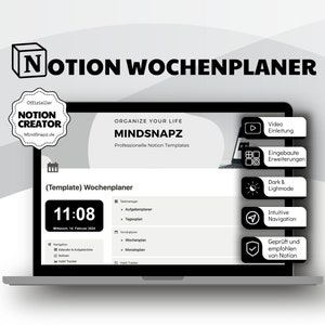 Könnte beinhalten: Ein Laptop-Bildschirm zeigt eine Notion-Wochenplaner-Vorlage an. Die Vorlage ist mit "(Template) Wochenplaner" betitelt und enthält einen Kalender mit dem Datum "Mittwoch, 14 Februar 2024" und der Uhrzeit "11:08". Die Vorlage enthält auch eine Liste von Funktionen, wie "Taskmanager", "Aufgabenplaner", "Tagesplan", "Wochenplan" und "Monatsplan". Der Bildschirm ist von einem weißen Hintergrund mit einem grauen Farbverlauf umgeben.