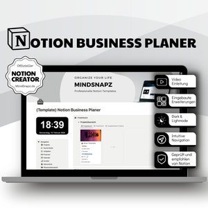 Könnte beinhalten: Ein Laptop-Bildschirm zeigt eine Notion Business Planner-Vorlage mit dem Text "Organize Your Life MindSnapz" und "Professionelle Notion-Vorlagen". Die Vorlage enthält eine Projektübersicht, einen Kalender und weitere Funktionen. Der Laptop befindet sich auf einem weißen Hintergrund mit Symbolen für Videoeinleitung, integrierte Erweiterungen, Dunkel- und Hellmodus, intuitive Navigation und von Notion geprüft und empfohlen.