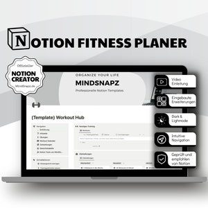 Könnte beinhalten: Ein Laptop-Bildschirm zeigt eine Notion Fitness Planner-Vorlage mit dem Text "Organize Your Life" und "MindSnapz" in schwarzer Schrift auf weißem Hintergrund. Die Vorlage ist für einen Workout-Hub und enthält Abschnitte für tägliche Workouts, Gewichtsverfolgung und Zielsetzung. Die Vorlage ist für die Verwendung mit der Notion-App konzipiert.