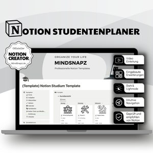 May include: A laptop computer screen displaying a Notion template for student planning. The template is called "Notion Studium Template" and includes sections for navigation, tasks, courses, and a calendar. The screen is surrounded by icons representing features of the template, such as video instructions, built-in extensions, dark and light mode, intuitive navigation, and a Notion-verified seal.