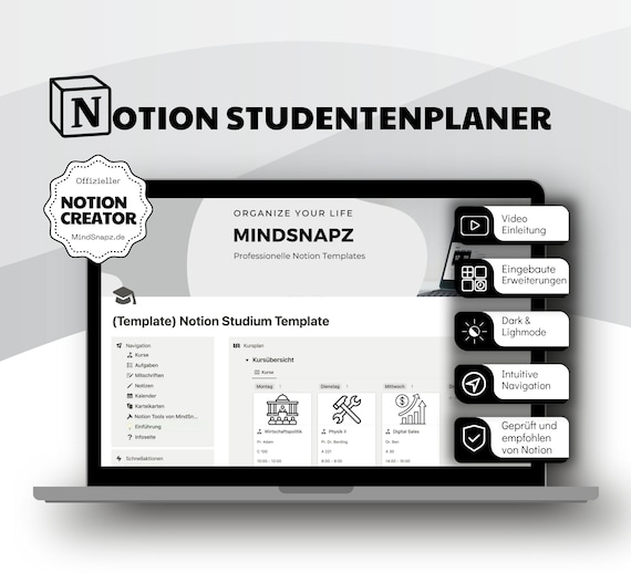 Notion Template für Studenten / Notion Student Planner / Notion Academic Dashboard / Notion Studenten Planer / Notion Vorlage Deutsch