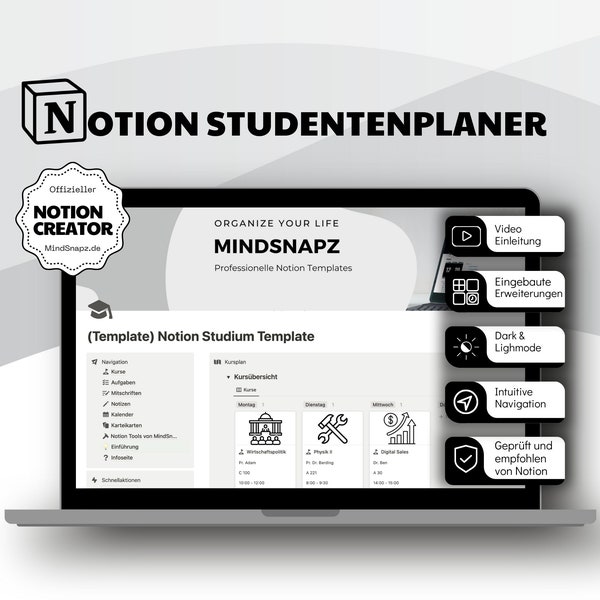Notion Template für Studenten / Notion Student Planner / Notion Academic Dashboard / Notion Studenten Planer / Notion Vorlage Deutsch