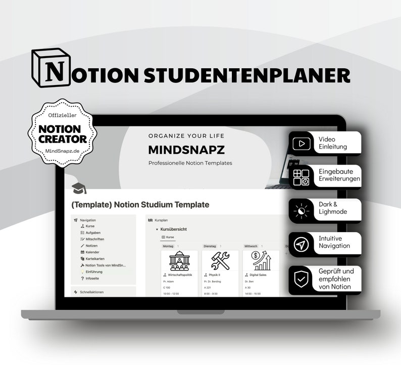 May include: A laptop computer screen displaying a Notion template for student planning. The template is called "Notion Studium Template" and includes sections for navigation, tasks, courses, and a calendar. The screen is surrounded by icons representing features of the template, such as video instructions, built-in extensions, dark and light mode, intuitive navigation, and a Notion-verified seal.