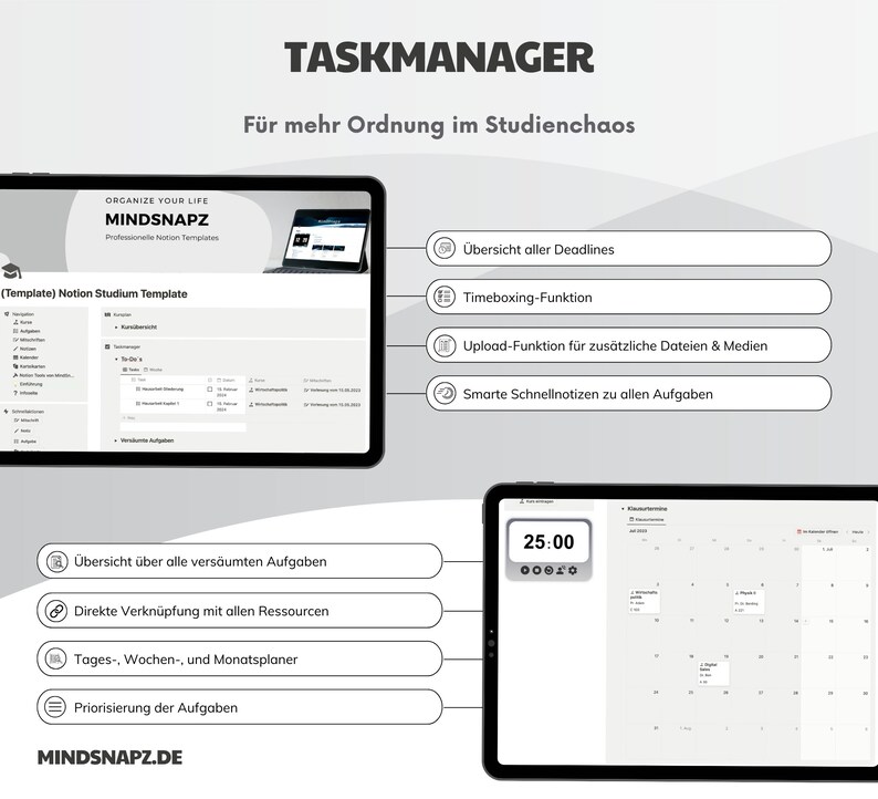 May include: A screenshot of a website for a task manager app called "Taskmanager" for students. The website features a blue and white color scheme and includes the text "Organize Your Life" and "MindSnapz". The website also features a calendar, a list of tasks, and a section for uploading files. The website is designed to help students stay organized and on top of their studies.
