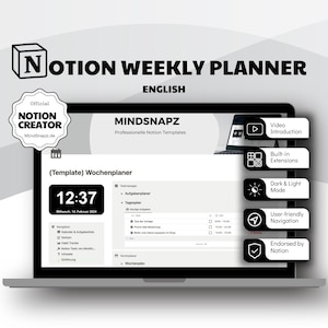 May include: A laptop screen displaying a Notion Weekly Planner template in English. The template is designed by MindSnapz and features a calendar, task manager, and weekly planner. The template is user-friendly and includes built-in extensions. The template is endorsed by Notion.