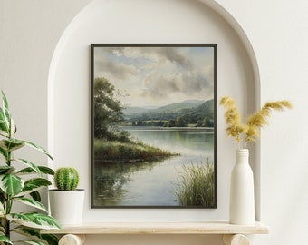Tranquil Countryside Lake Printable Art – Serene Watercolour Landscape