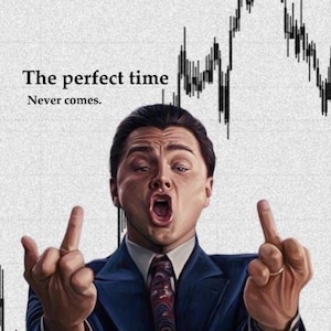 May include: Poster featuring a man in a suit making an obscene gesture with both hands. The background includes a stock market graph and the text "The perfect time Never comes."