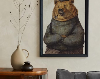 Oso caprichoso con suéter - Lámina artística rústica de animales para decoración del hogar