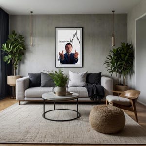 May include: A framed poster with the text "The perfect time" and a stock chart graphic. The image features a man in a suit gesturing with both hands. The poster is displayed in a modern living room setting.
