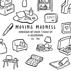 Pacchetto SVG "Follia del giorno del trasloco", clipart per trasloco in appartamento, PNG per la nuova casa, disegni di scatole da imballaggio, SVG per cibo da asporto, file per Cricut, 36 disegni