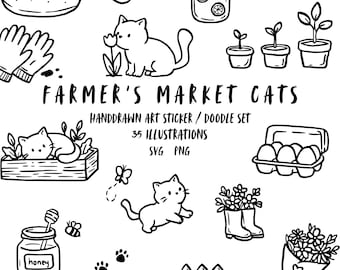 Hand-Drawn Farmer's Market Cat Clipart Bundle, Cottagecore Garden Doodles (SVG, PNG)