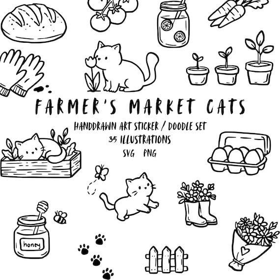 Hand-Drawn Farmer's Market Cat Clipart Bundle, Cottagecore Garden Doodles (SVG, PNG)