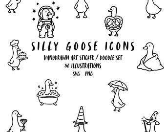 Silly Goose Doodle Illustrations, Hand-Drawn Clipart Bundle (SVG PNG)