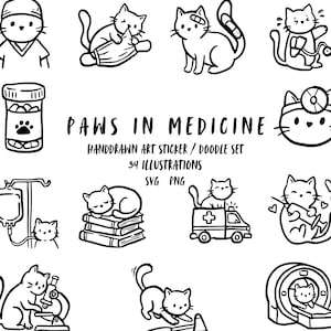 Puede incluir: Ilustraciones en blanco y negro de gatos en entornos médicos. Se muestra el texto "PAWS IN MEDICINE", junto con "HANDDRAWN ART STICKER / DOODLE SET" y "34 ILLUSTRATIONS SVG PNG".